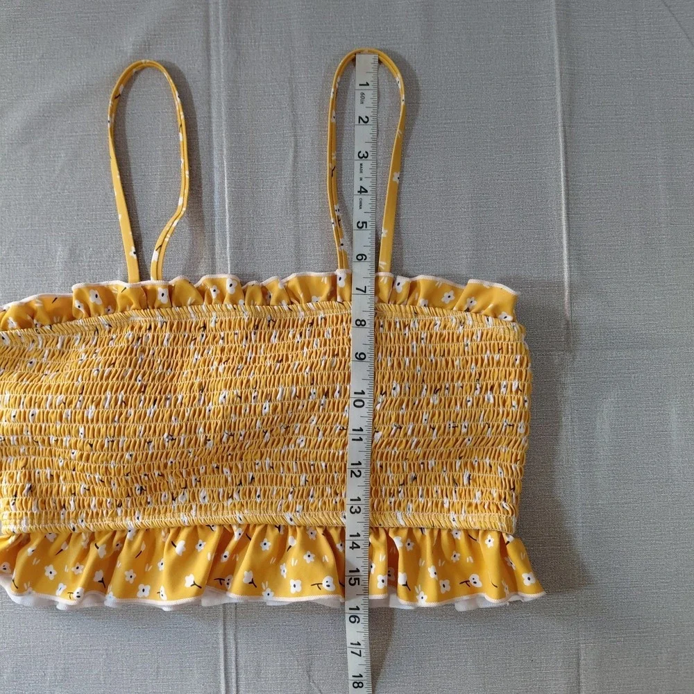 Smocked Floral Bandeau Ruffled Bikini Top Women's L Crop Top Yellow Ditsy Floral